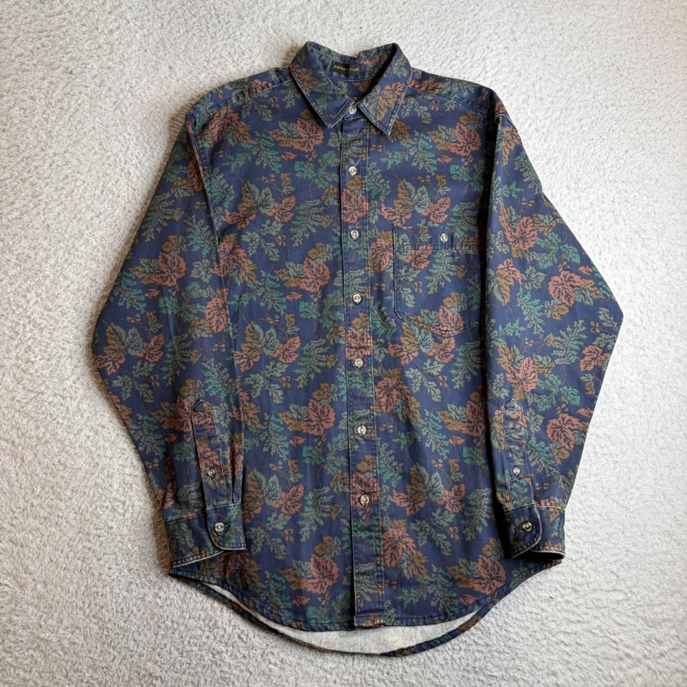 Eddie Bauer Elkhorn Twill Shirt Mens Small Petite Leaf Print Cotton Made in USA